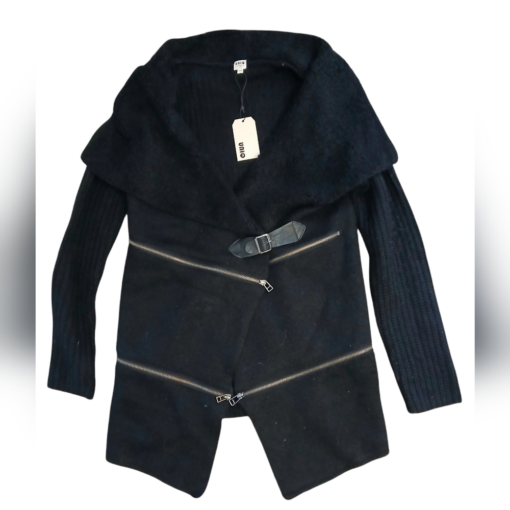 UNIQ Black  NWT Shawl Collar Zippered Accents Buckle Front Cardigan Sweater S/M